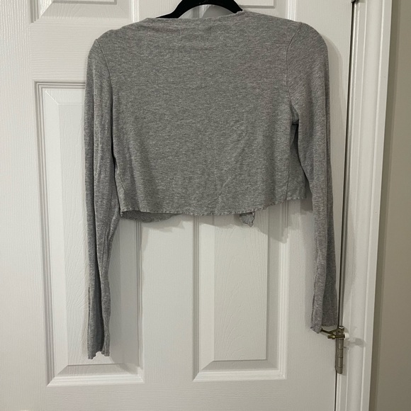 Gray Long Sleeve Ribbed crop top tie front - Picture 2 of 3